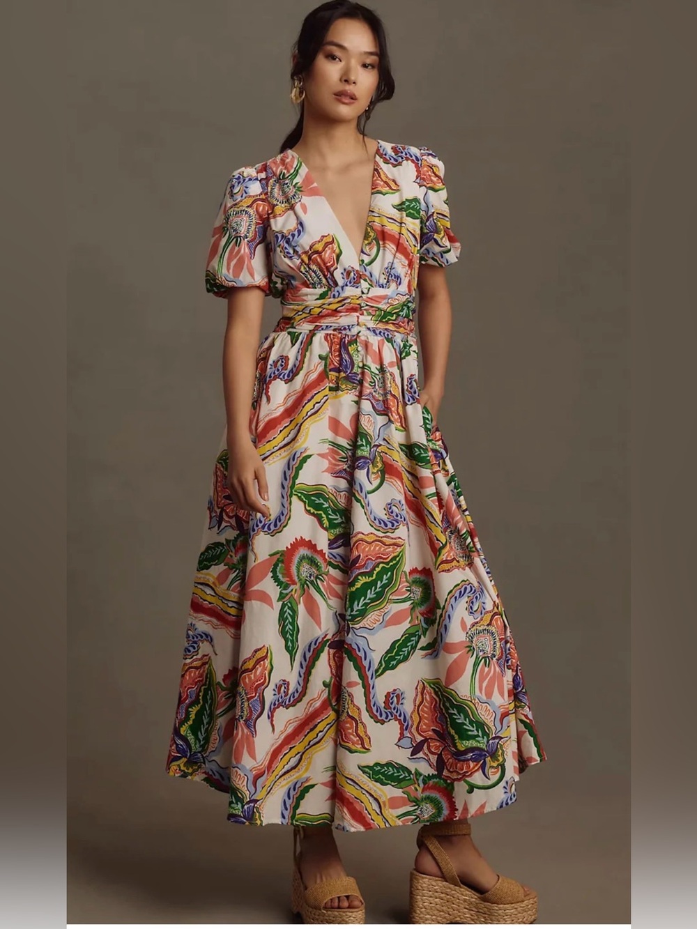 Floral Print V-Neck Puff Sleeve Maxi Dress - Multicolor